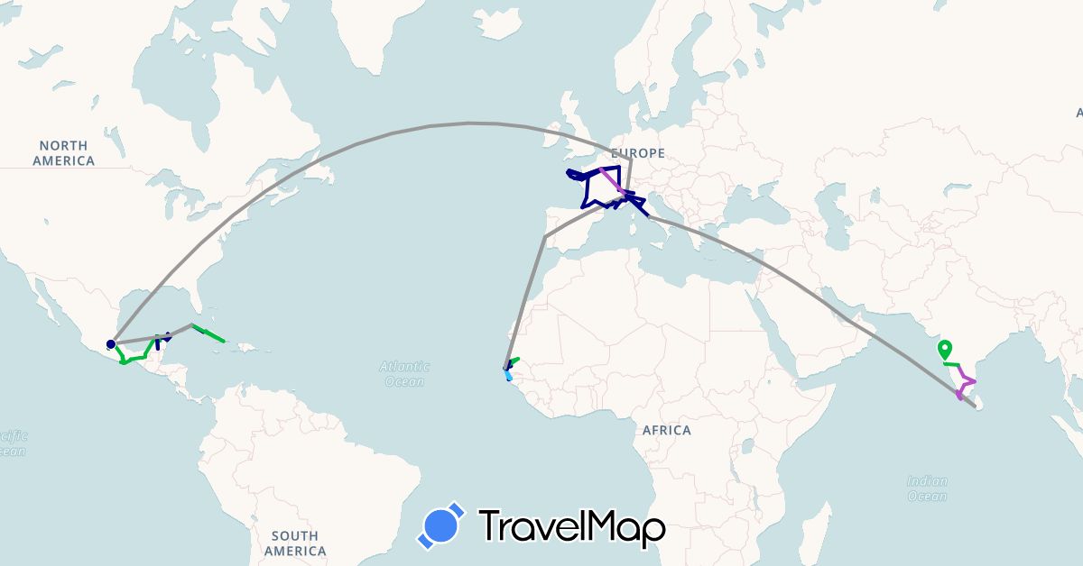 TravelMap itinerary: driving, bus, plane, train, hiking, boat in United Arab Emirates, Cuba, Germany, France, India, Italy, Sri Lanka, Mexico, Portugal, Senegal (Africa, Asia, Europe, North America)